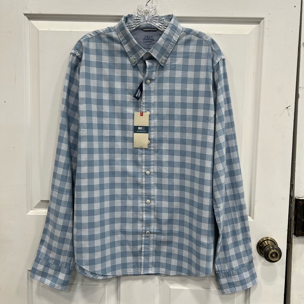 Izod Saltwater Slim Fit shirt blue and white plaid NWT Size Large